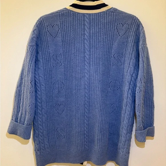 Sandro Blue Wool Erwan Pointelle Knit Women's Cardigan Sweater - Picture 8 of 11